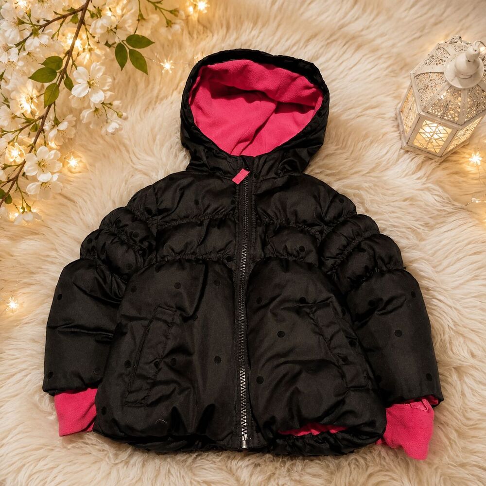 Cherokee Baby Girl Black Pink Polka Dot Puffer Jacket Hooded Coat Size 12M